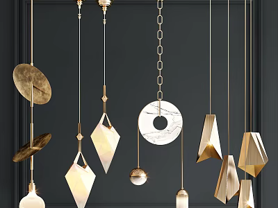 Contemporary Geometric Pendant Lights Featuring Gold Metal Marble and Diamond Shapes for Interior Decor 3d model