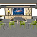 Modern Front Desk Reception Area With Green Chairs Round Tables And Large Screen