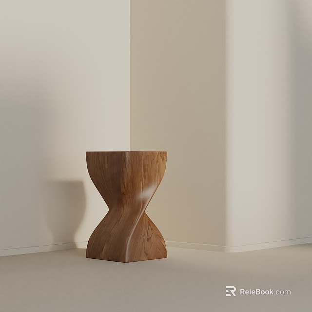 Unique Twisted Design Wooden Side Table in Minimalist Light-Colored Interior with Soft Light 3d model 