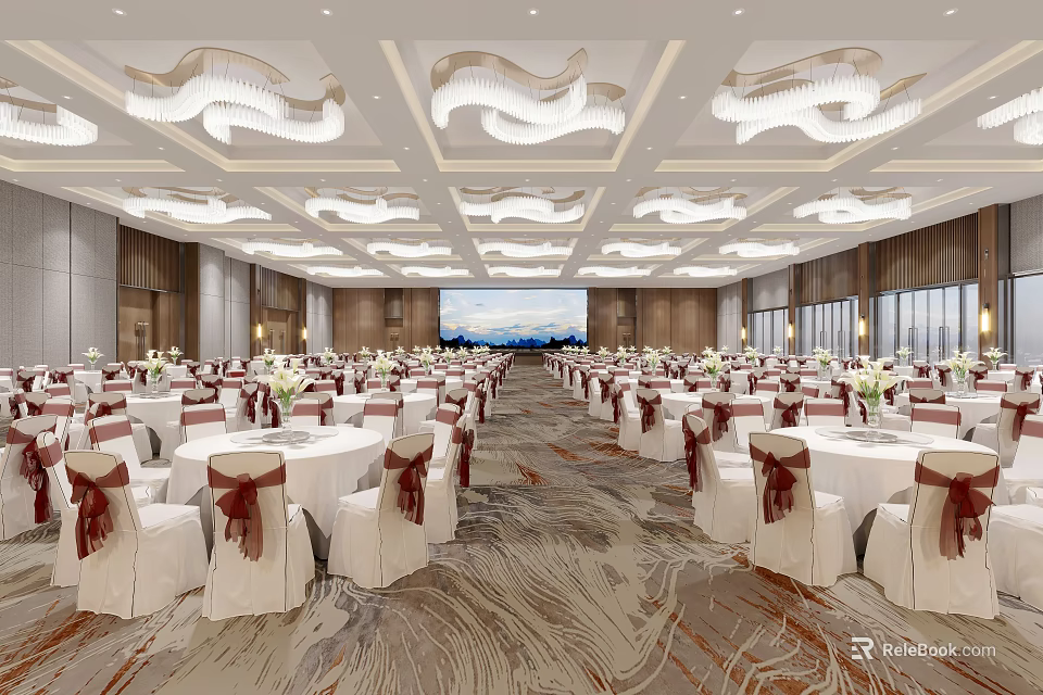 Elegant Banquet Hall With Round Tables White Wavy Chandeliers And Red Bow Chairs 3d model 