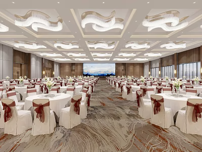 Elegant Banquet Hall With Round Tables White Wavy Chandeliers And Red Bow Chairs 3d model