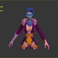 Game Movie Character With Purple Hair Blue Scarf Metallic Arm Orange Shorts Kneeling Pose