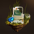 Creative Computer Scene With Green Plants Blue Accessory Keyboard On Floating Island 3d model