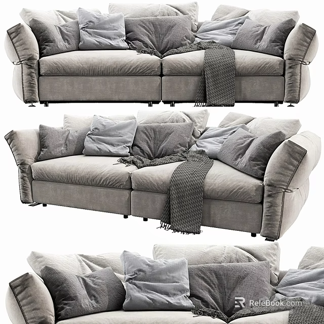 Comfortable Gray Two Seater Sofa with Soft Pillows and Cozy Knit Blanket 3d model