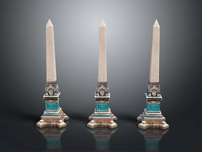 Three Decorative Obelisks With Blue Bases And Reflections On Black Background 3d model