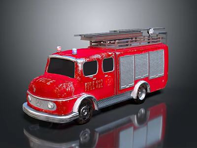 Red Fire Truck Model With Ladder Distressed Body And FIRE Lettering On Dark Background 3d model