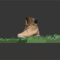 Brown Leather Work Boot With Dark Collar And Lace Up Design On Green Grass Platform