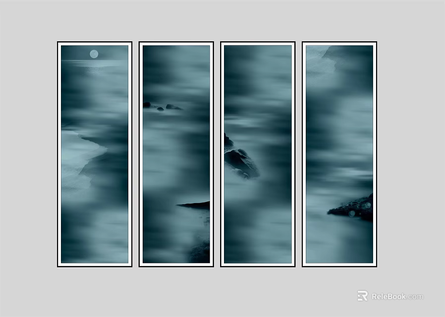 Four Panel Abstract Ink Paintings With Blue Gray Mountain Clouds And Moon 3d model