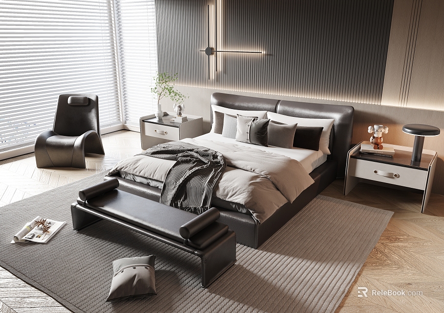Modern Bedroom Interior With Large Bed Nightstands Accent Chair Bench And Area Rug 3d model 