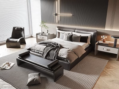 Modern Bedroom Interior With Large Bed Nightstands Accent Chair Bench And Area Rug 3d model