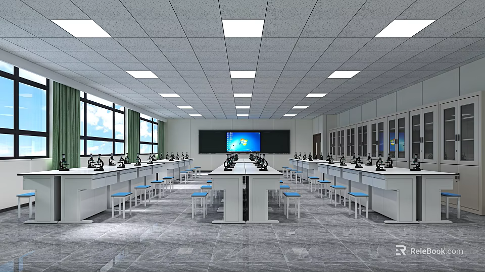 Modern Laboratory Interior With Lab Tables Blue Chairs Digital Screen Lab Equipment And Cabinets 3d model 