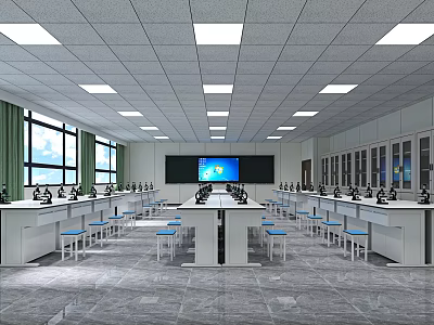 Modern Laboratory Interior With Lab Tables Blue Chairs Digital Screen Lab Equipment And Cabinets 3d model
