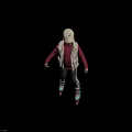 Woman In Beige Vest Red Top And Striped Pants On Roller Skates