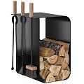 Black Metal Fireplace With Wooden Handle Tools And Stacked Firewood Storage