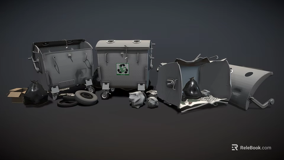 Damaged Public Trash Bins With Tires And Waste Materials Scattered Around 3d model 