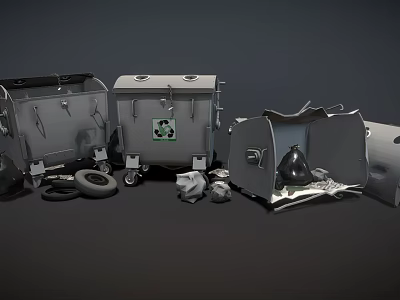 Damaged Public Trash Bins With Tires And Waste Materials Scattered Around 3d model