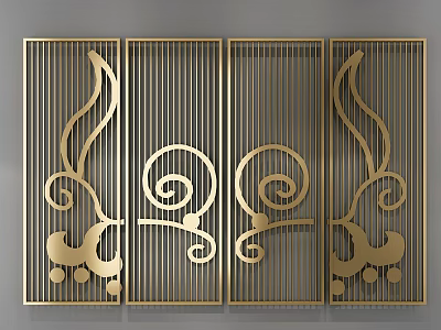Golden Decorative Room Divider with Intricate Curved and Spiral Carved Patterns 3d model