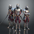 Three Armored Knights In Silver Armor With Red Gold Details And Swords