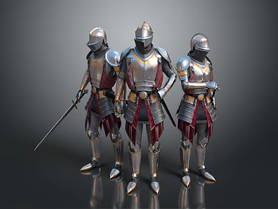 Three Armored Knights In Silver Armor With Red Gold Details And Swords 3d model