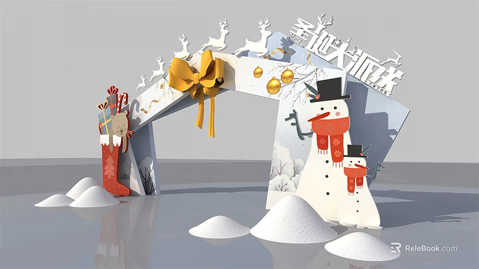 Christmas Arch Decoration with Reindeer Yellow Bow Golden Balls Stocking and Snowman 3d model 