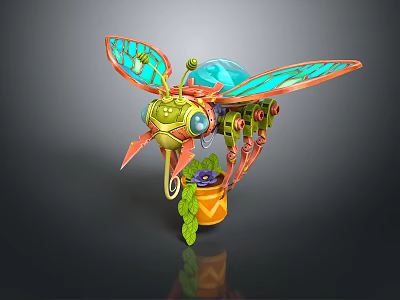 Mechanical Insect With Transparent Wings Green Orange Leaf And Flower Decorative Design 3d model