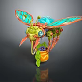 Mechanical Insect With Transparent Wings Green Orange Leaf And Flower Decorative Design