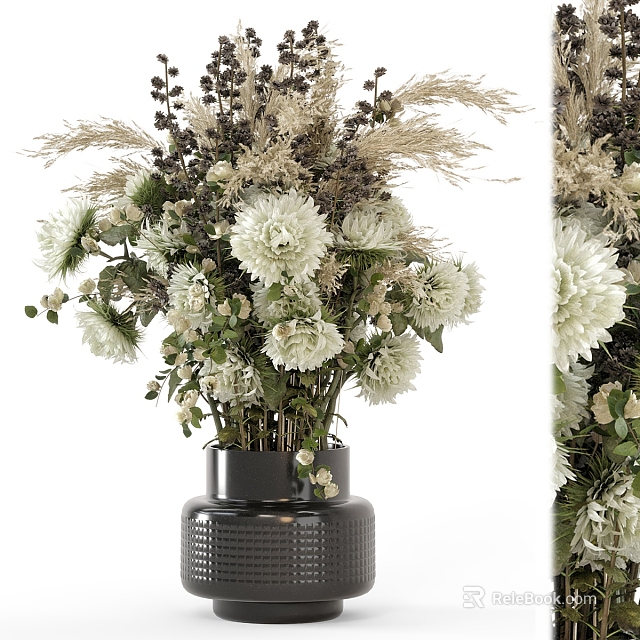 Elegant Black Textured Vase With White Chrysanthemums Dried Grasses And Natural Greenery 3d model 