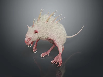 Fierce White Monstrous Rodent With Sharp Spikes Pink Ears And Claws On Dark Background 3d model