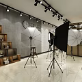 Professional Photography Studio Setup With Umbrella Reflectors Shelves And Potted Plants
