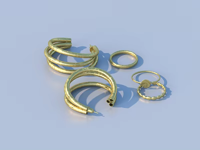 Elegant Gold Textured Hoop Jewelry Collection Featuring Shiny Earrings And Rings 3d model
