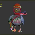 Cartoon Flying Bird Wearing Red Helmet Red Scarf Brown Backpack Purple Green Feathers Orange Claws