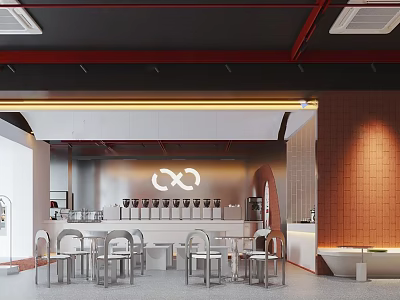 Modern Café Interior With Metal Tables Chairs Bar Counter Brick Wall And Warm Lighting Design 3d model