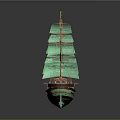 Sailing Ship With Multiple Masts Green Sails Brown Hull Green And Yellow Bottom Stripes