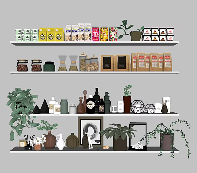 Organized Kitchen Shelves Showcasing Stylish Kitchenware With Jars Plants And Containers 3d model