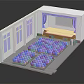 Modern Auditorium Scene With Blue Seats Stage Purple Curtains And White Walls