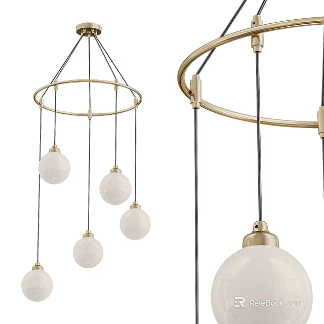 Modern Circular Chandelier With Golden Frame And Hanging White Spherical Bulbs 3d model 