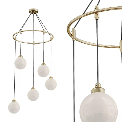 Modern Circular Chandelier With Golden Frame And Hanging White Spherical Bulbs 3d model