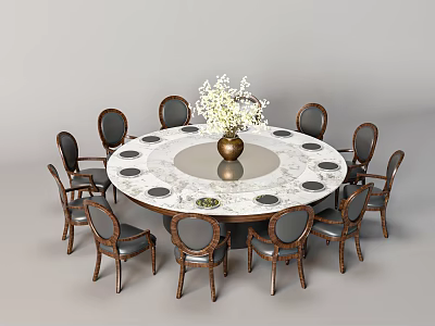 Elegant Round Dining Table Set with Marble Top and Upholstered Chairs Centerpiece Vase 3d model