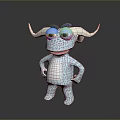 Cartoon Style 3D Game Character With Blue Body White Horns Red Eyes Hands On Hips