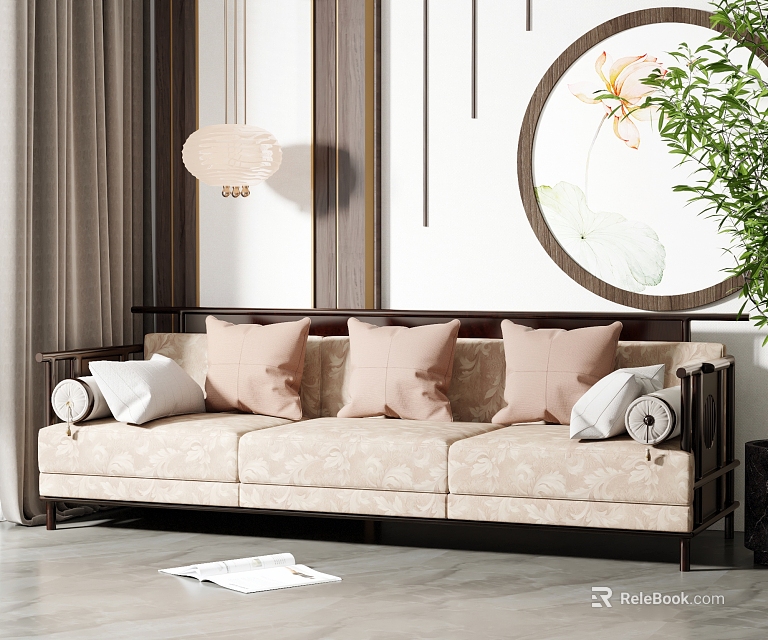 Beige Patterned Three Seater Sofa with Pink White Pillows Round Wall Art and Green Plant 3d model 