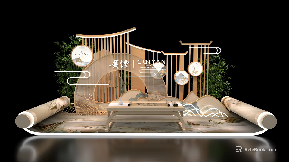 Chinese Style Photo Spot With Wooden Frame Circular Windows And Bamboo Plants 3d model 