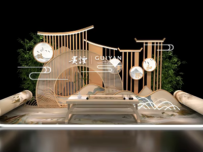 Chinese Style Photo Spot With Wooden Frame Circular Windows And Bamboo Plants 3d model