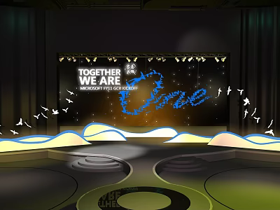 Together We Are One Themed Stage With Wave Shaped Design And Birds Decor 3d model