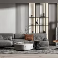 Modern Luxury Grey Sofa And Round Coffee Table With Metal Frame Open Shelf And Carpet