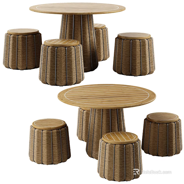 Round Wooden Dining Table Set With Striped Tabletop And Multiple Rattan Stools 3d model 