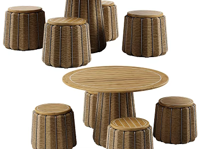 Round Wooden Dining Table Set With Striped Tabletop And Multiple Rattan Stools 3d model