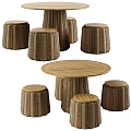 Round Wooden Dining Table Set With Striped Tabletop And Multiple Rattan Stools 3d model