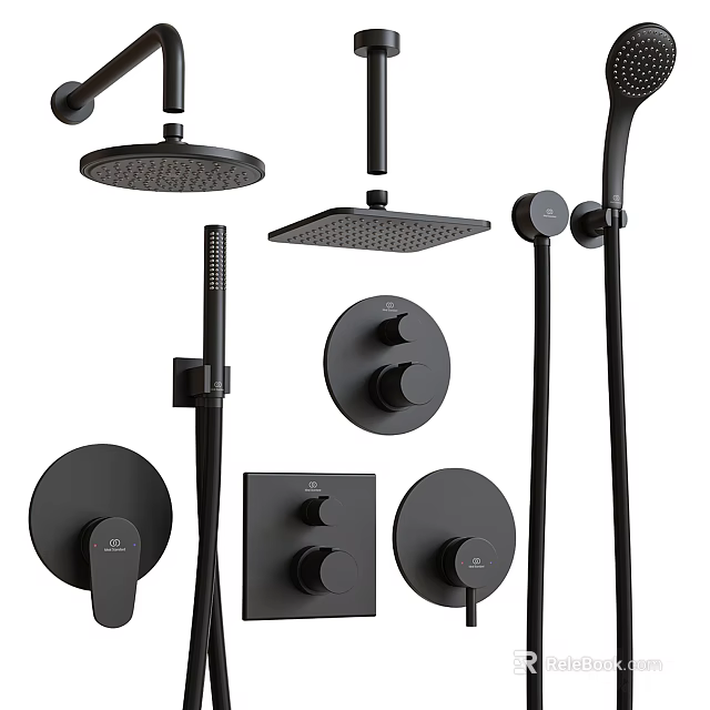 Black Shower Fixtures With Round Square Heads Handheld Sprayers And Control Knobs 3d model