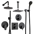 Black Shower Fixtures With Round Square Heads Handheld Sprayers And Control Knobs 3d model