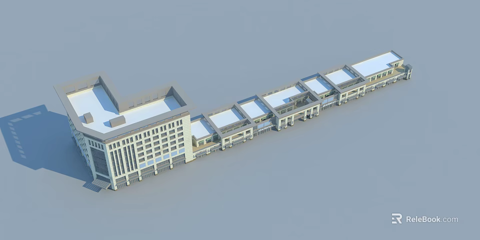Modern Office Building With Long Structure Multiple Flat Roof Sections And Symmetrical Windows 3d model